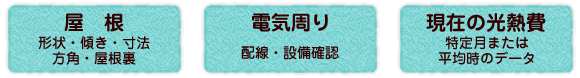 屋根（形状・傾き・寸法・方角・屋根裏）、電気周り（配線・設備確認）、現在の光熱費（特定月または平均時のデータ）